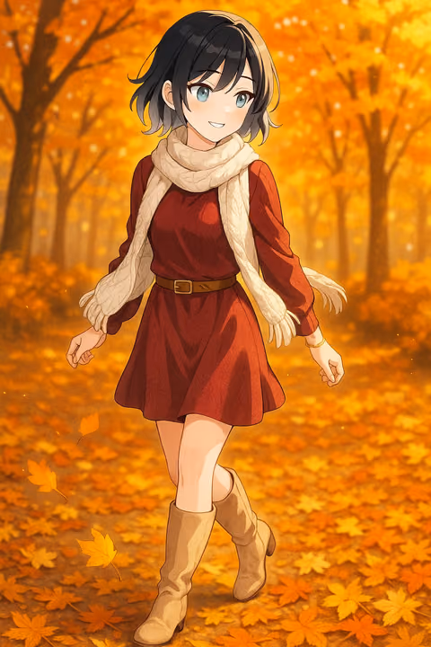 Eli walking through an autumn forest in a red dress and boots, surrounded by falling leaves