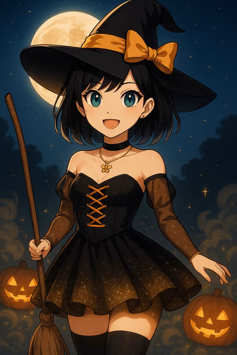 Eli dressed as a witch with a broom, jack-o'-lanterns and a full moon behind her