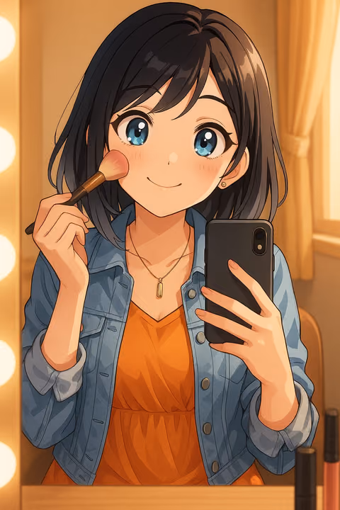 Eli applying blush and taking a selfie in a mirror with warm vanity lights