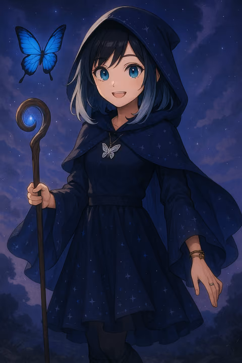 Eli dressed as a night mage in a hooded cloak with a staff and a blue butterfly