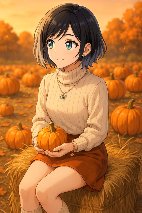 Eli sitting on a hay bale in a pumpkin patch, holding a small pumpkin