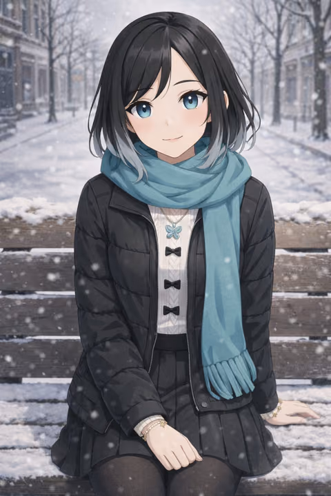 Eli sitting on a snowy park bench in a winter coat and a teal scarf